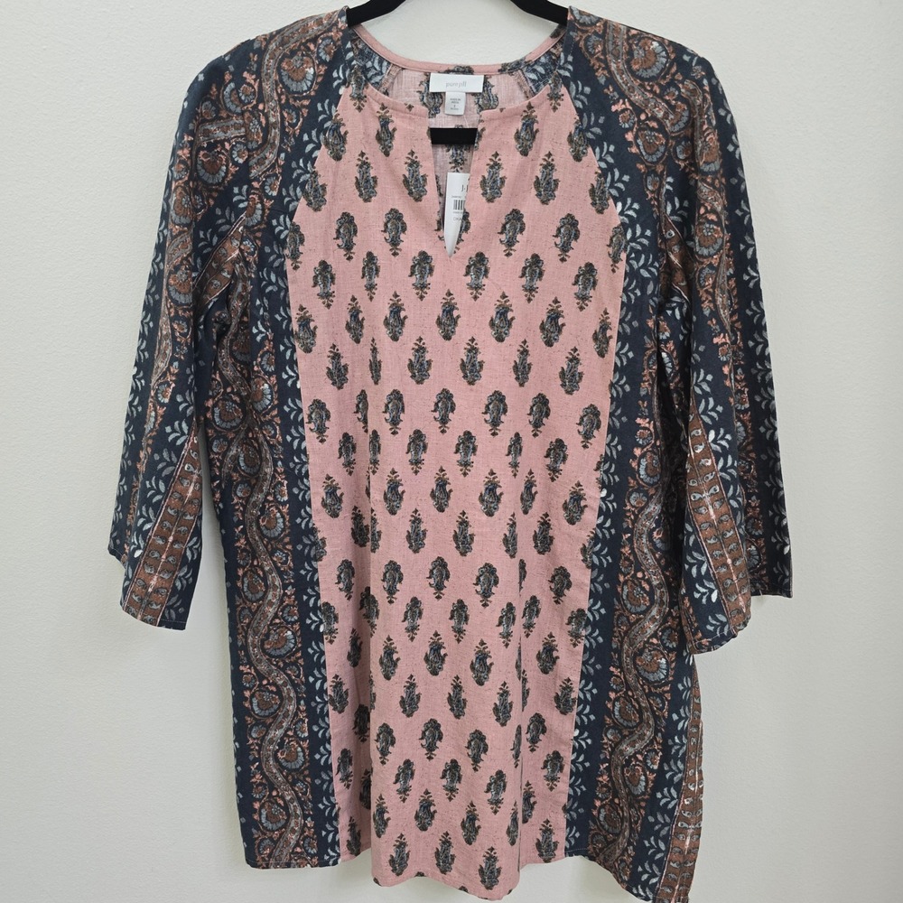 Pure‎ Jill J. Jill Womens Petite Small Pink Paisley Cotton Linen Tunic Top NWT